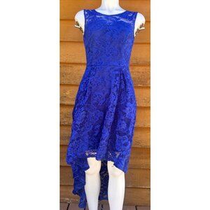 Round Neck Sleeveless Blue Lace Dress With High-Low Hemline & Stretch Fabric Siz